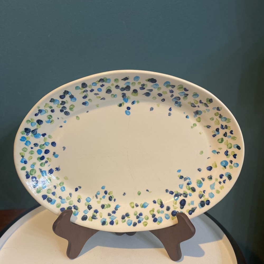 Gail Pittman Signed GAP28 12.5” Oval Platter Blue Green Dots On White 2007